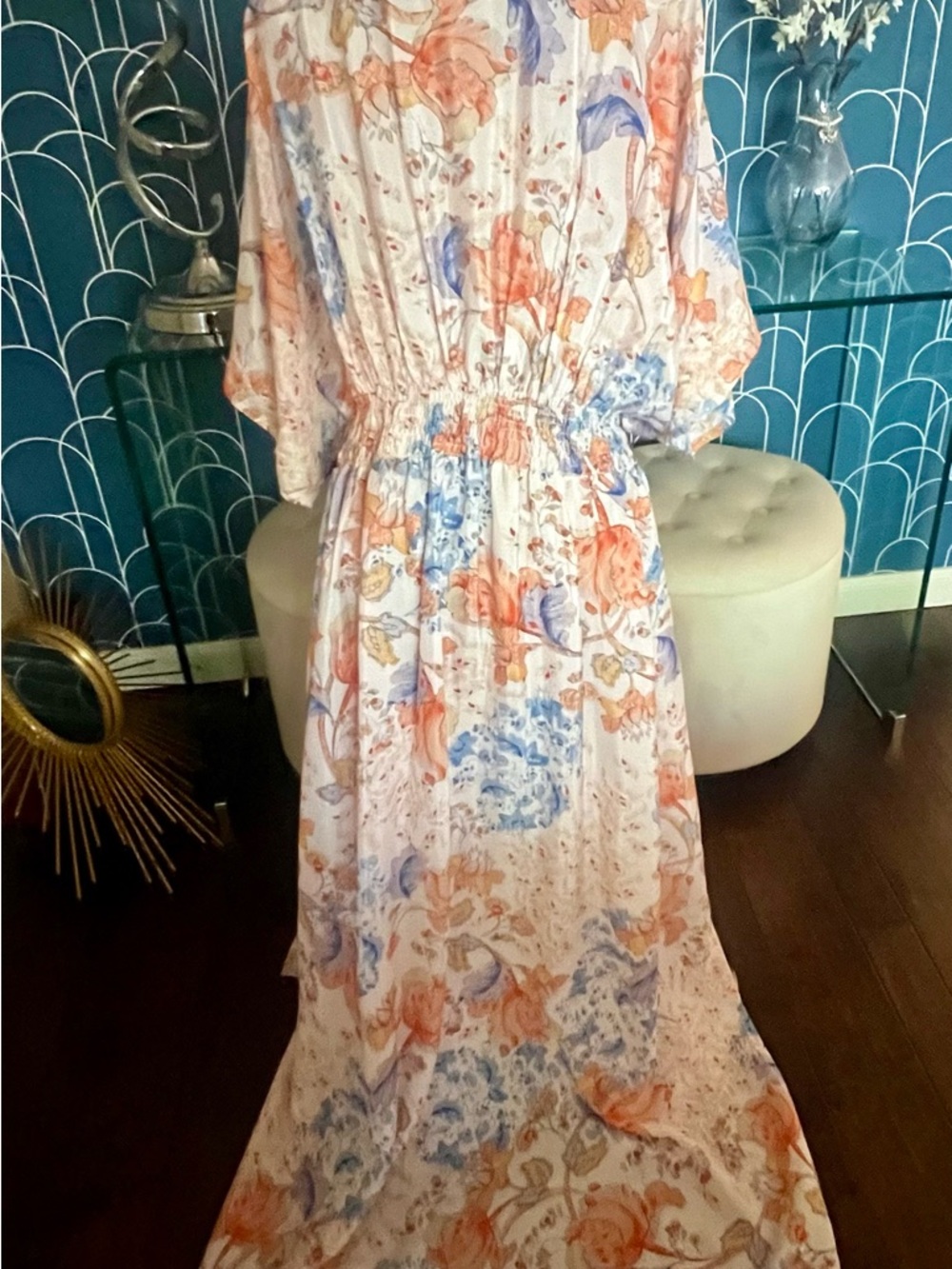 Floral Smocked Waist Maxi Dress In Peach And Blue By Love Kayla View 2